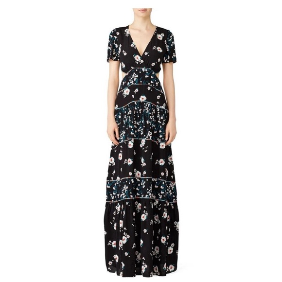 BA&SH Blush Noir Black Floral Side Cut Out Short Sleeve Maxi Dress 0 - Picture 2 of 4